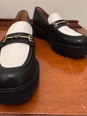 NWOT Sam Edelman Black and White Platform Loafers with Gold Hardware